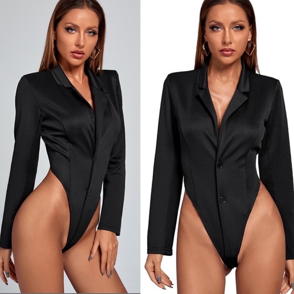 Sadie Lane Shoulder Padded V-Neck Silky Bodysuit - Picture 2 of 5